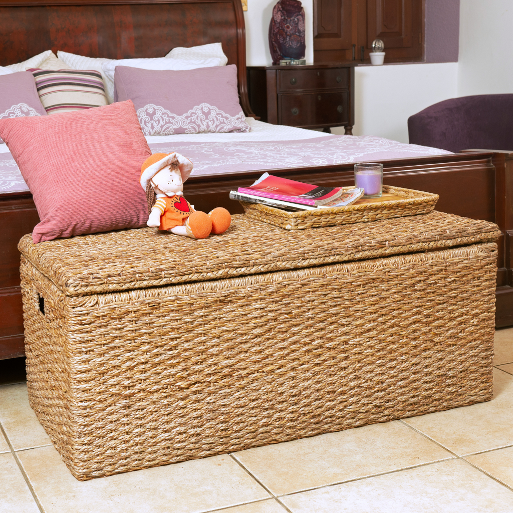 Wicker Storage Bench Trunk Rattan Toy Chest Large Rectangular Blanket Basket with Lid For End of Bed, Entryway