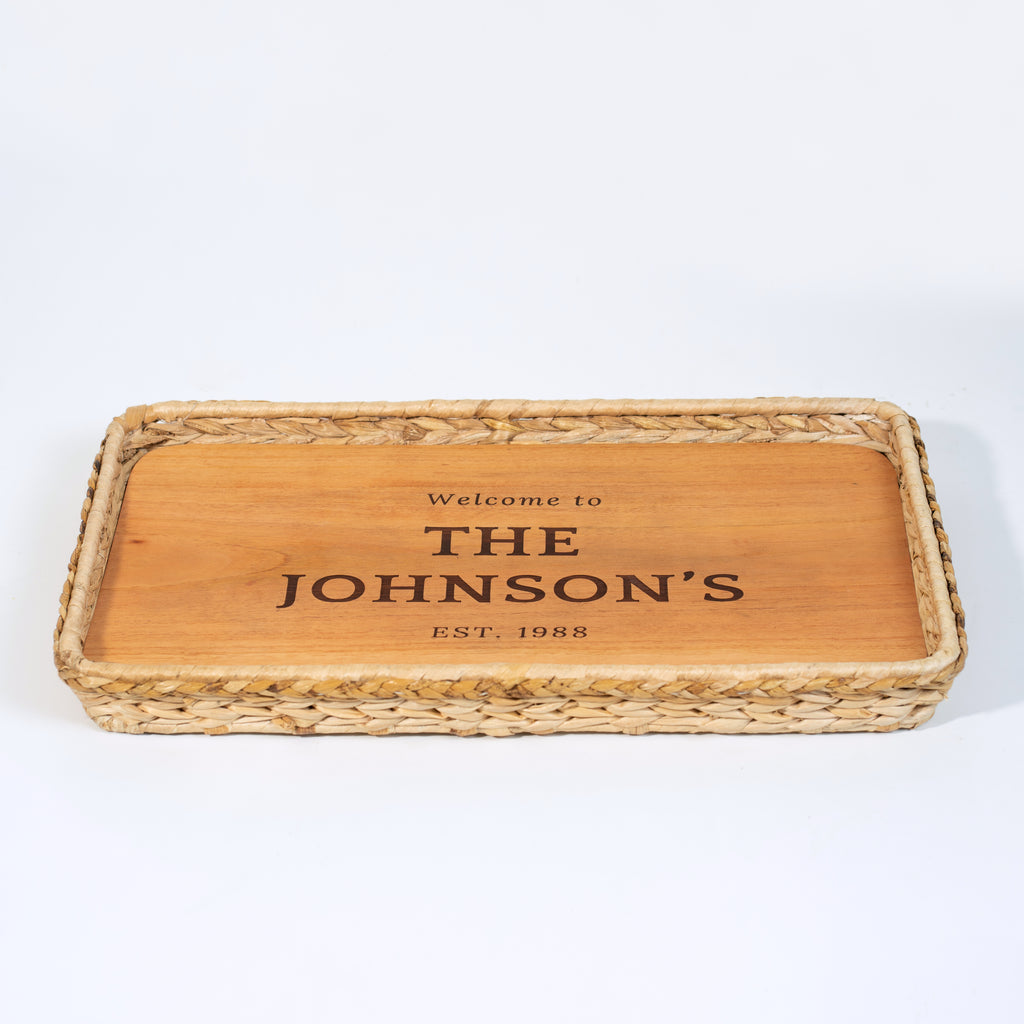 Personalized Wicker Serving Tray Custom Name & Year Charcuterie Cheese Cutting Board Housewarming Gift