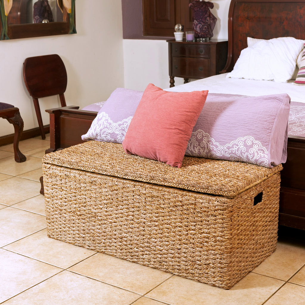 Wicker Storage Bench Trunk Rattan Toy Chest Large Rectangular Blanket Basket with Lid For End of Bed, Entryway