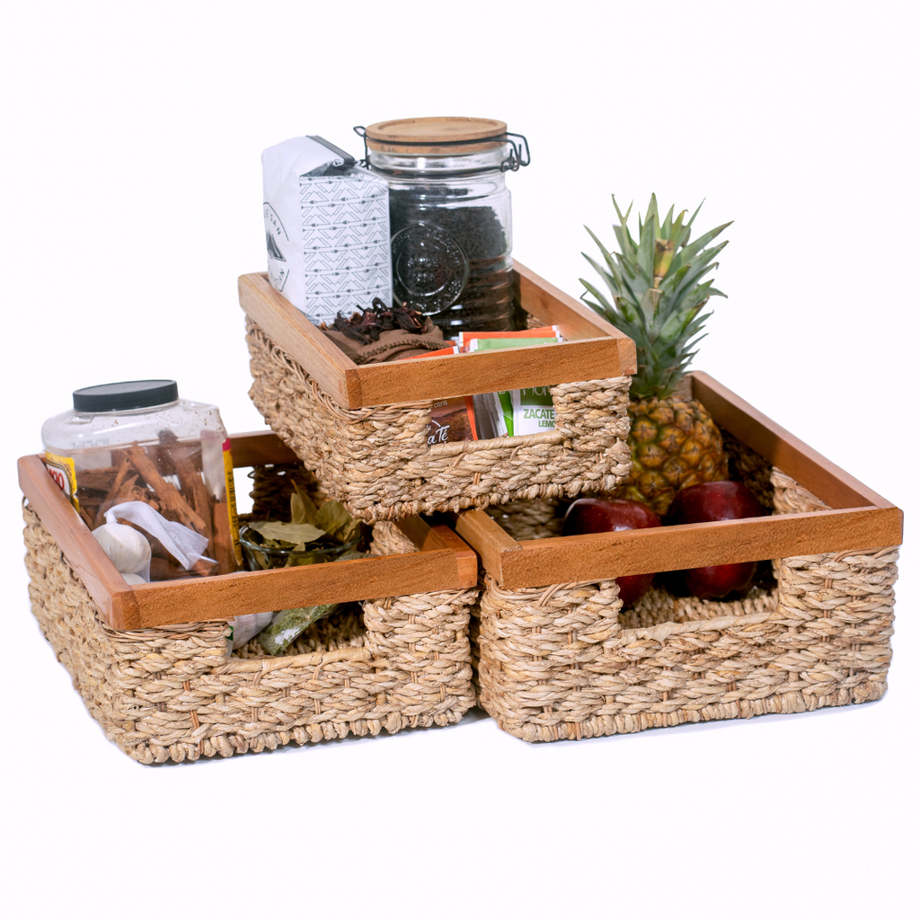 Rectangular Wicker Storage Basket Set of 3 With Wooden Handles